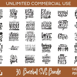 Paquete SVG de 30 citas de béisbol, SVG de mamá de béisbol, archivos de corte de béisbol, para diseños de Cricut y Silhouette, diseños de sublimación, grabados con láser