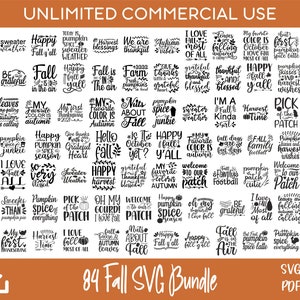 84 bundle di citazioni autunnali SVG, SVG del Ringraziamento, SVG di zucca per design Cricut e Silhouette, design a sublimazione, incisi al laser