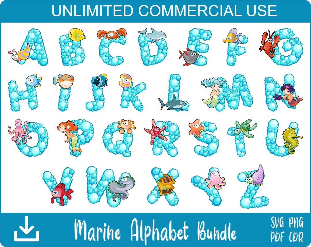 Ocean themed Alphabet SVG Bubble Letters With Fish Crabs Mermaids Ocean themed Alphabet SVG Bubble Letters With Fish Crabs Mermaids