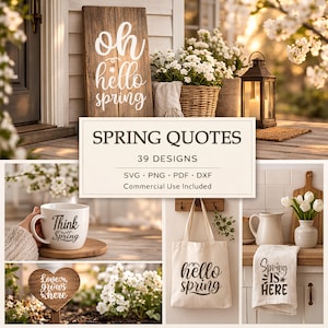 Pacote com 39 frases inspiradoras de primavera em SVG, SVG "Olá Primavera" para Cricut, design para sublimação, arquivos para gravação a laser, uso comercial.