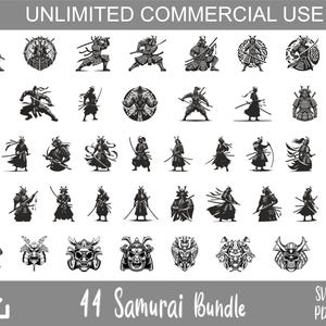 Lot de silhouettes de samouraïs SVG - 44 modèles de guerriers samouraïs en noir et blanc, illustrations de casques et d&#39;armures