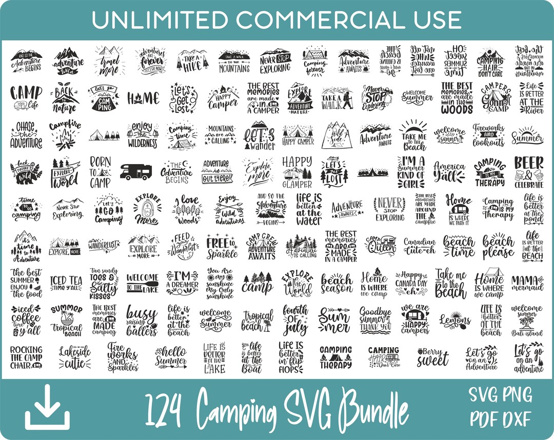 124 Camping Quotes SVG Bundle, Camper SVG, Summer SVG, Hiking Svg for