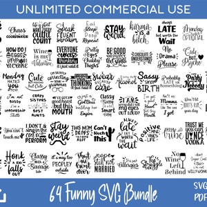64 bundle di citazioni divertenti SVG, detti divertenti svg, impertinenti svg, sarcastici svg per design Cricut e Silhouette, design a sublimazione, incisi al laser