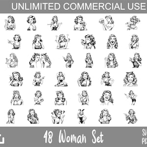 May include: A set of 48 black and white illustrations of women in various poses. The illustrations are in a vintage style and feature women with different hairstyles, clothing, and accessories. The text "48 Woman Set" is at the bottom of the image.