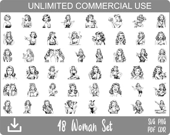 May include: A set of 48 black and white illustrations of women in various poses. The illustrations are in a vintage style and feature women with different hairstyles, clothing, and accessories. The text "48 Woman Set" is at the bottom of the image.