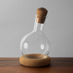 Modern Minimalist Floating Spherical Glass Decanter with Large Cork Stopper & Ring Base