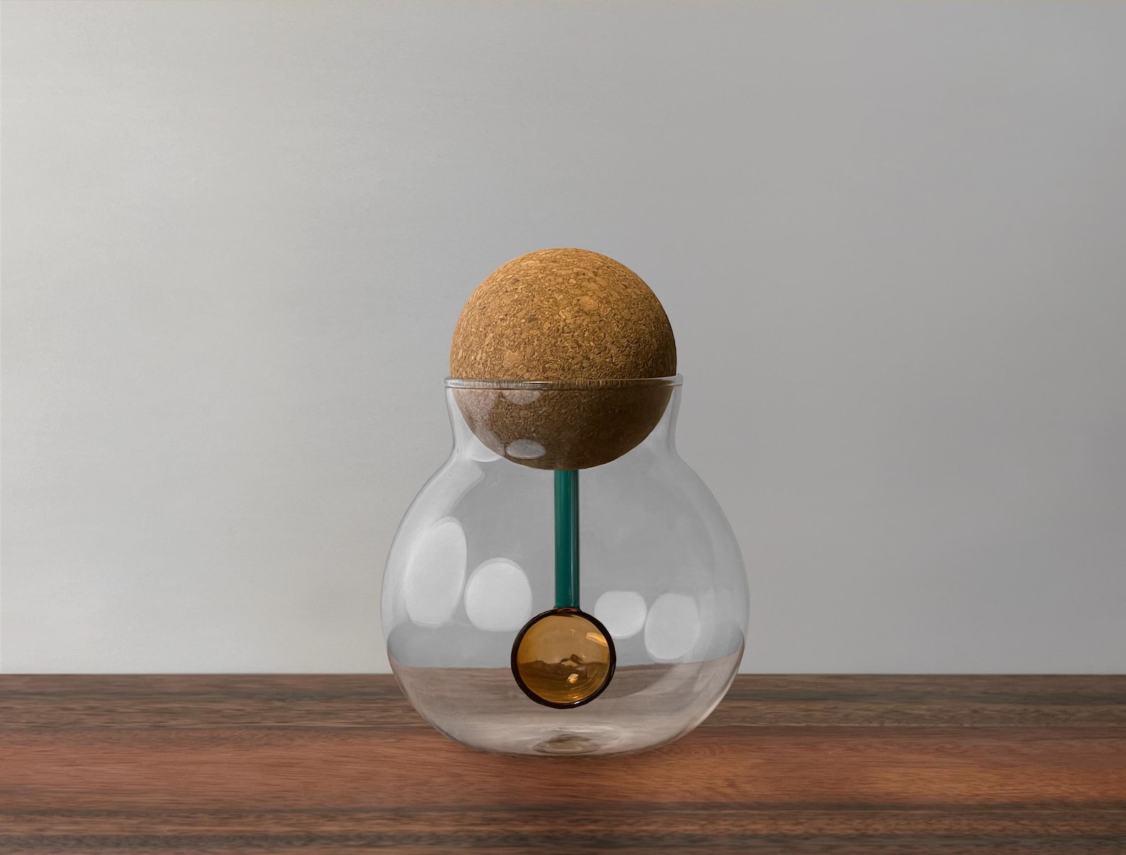 Decorative Spherical Glass Container/Jar with Cork Ball Lid and Inset Duo-Tone Colorful Glass Spoon