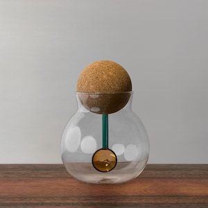 Puede incluir: Un tarro de vidrio transparente con un tapón de corcho y una varilla de color turquesa con una bola dorada en el extremo. El tarro está sobre una superficie de madera.