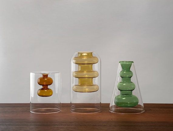Modern Double-Walled Hydroponic Vase with Transparent and Colored Glass