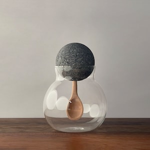 Decorative Spherical Glass Container/Jar with Natural Lava Stone Ball Lid and Inset Hand Carved Guamuchil Wood Spoon