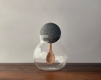 Decorative Spherical Glass Container/Jar with Natural Lava Stone Ball Lid and Inset Hand Carved Guamuchil Wood Spoon