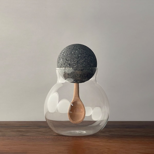 Decorative Spherical Glass Container/Jar with Natural Lava Stone Ball Lid and Inset Hand Carved Guamuchil Wood Spoon