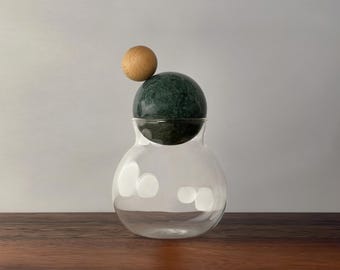 Decorative Spherical Glass Container/Jar with Green Marble Ball Lid and Beech Wood Ball Handle