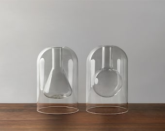 Modern Double-Walled Hydroponic Vases with Transparent Glass and Cone or Sphere Interior