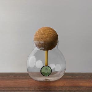 Decorative Spherical Glass Container/Jar with Cork Ball Lid and Inset Duo-Tone Colorful Glass Spoon