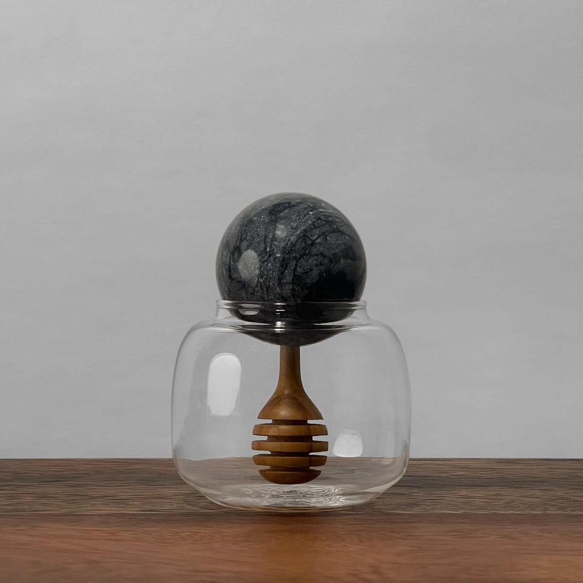 Glass Honey Pot With Black Marble Ball Lid and Inset Wood Honey Dipper