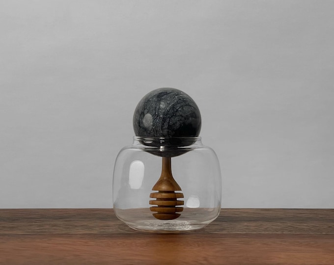 Decorative Glass Honey Pot with Marble Ball Lid and Inset Wood Honey Dipper