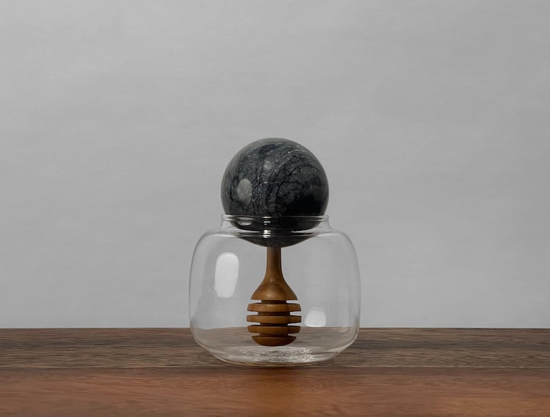 Decorative Glass Honey Pot with Marble Ball Lid and Inset Wood Honey Dipper