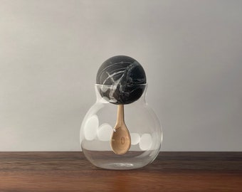 Decorative Spherical Glass Container/Jar with Black Marble, Red Marble or Lava Stone Ball Lid and Inset Hand Carved Guamuchil Wood Spoon