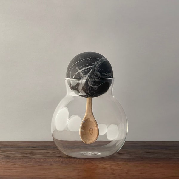 Decorative Spherical Glass Container/Jar with Black Marble, Red Marble or Lava Stone Ball Lid and Inset Hand Carved Guamuchil Wood Spoon