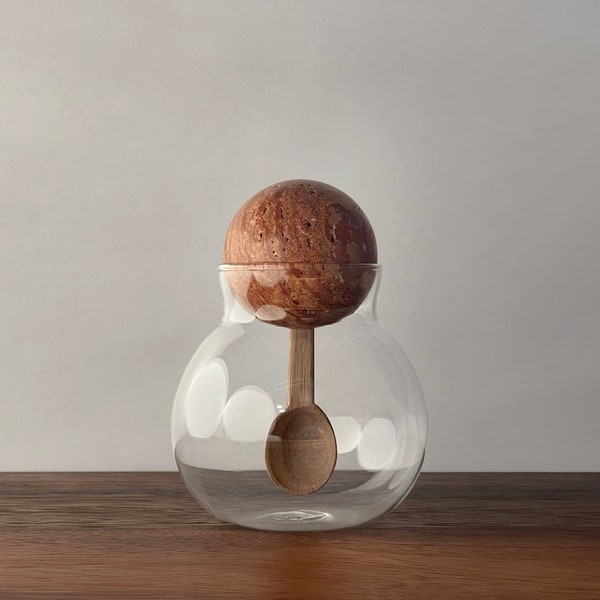 Decorative Spherical Glass Container/Jar with Natural Red Marble Ball Lid and Inset Hand Carved Guamuchil Wood Spoon
