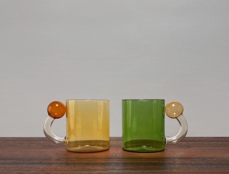 Modern Minimalist Colorful Glass Mugs with Accent Ball Handles