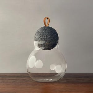 Decorative Spherical Glass Container/Jar with Natural Marble Ball Lid and Inset Leather Loop Handle
