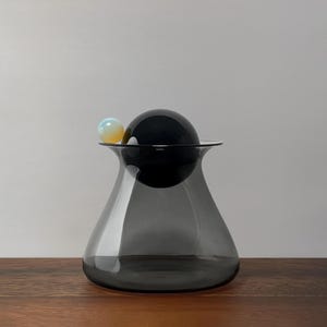 Decorative Smoked Glass Container/Jar with Natural Obsidian Ball Lid and Orbital Opalite Ball