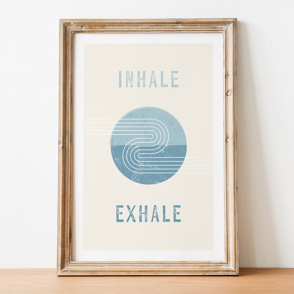 Inhale Exhale - Positive Affirmation Wall Art Print, Retro Vintage Mid-Century Design with Geometric Shapes, Unframed