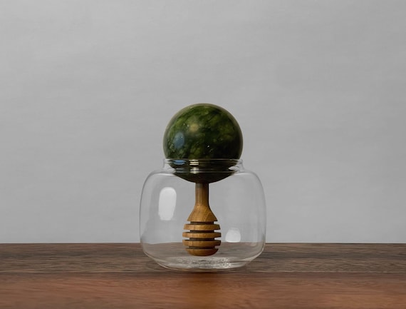 Decorative Glass Honey Pot with Marble Ball Lid and Inset Wood Honey…