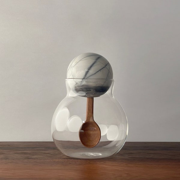 Decorative Spherical Glass Container/Jar with Natural White Marble Ball Lid and Inset Hand Carved Guamuchil Wood Spoon