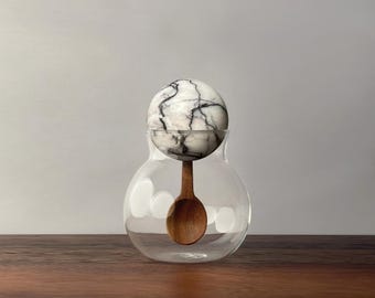 Decorative Spherical Glass Container/Jar with White Marble, Red Marble or Green Marble Ball Lid and Inset Hand Carved Acacia Wood Spoon