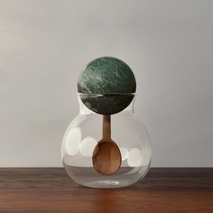Decorative Spherical Glass Container/Jar with White Marble, Red Marble or Green Marble Ball Lid and Inset Hand Carved Acacia Wood Spoon
