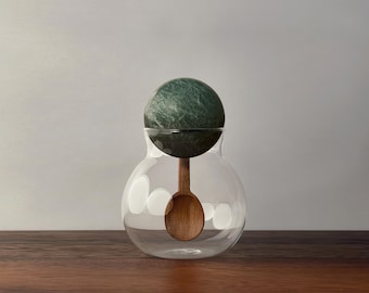 Contenitore/vaso decorativo in vetro sferico con coperchio a sfera in marmo bianco, rosso o verde e cucchiaio in legno di acacia intagliato a mano