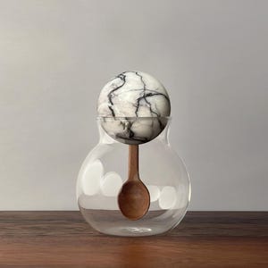 Decorative Spherical Glass Container/Jar with White Marble, Red Marble or Green Marble Ball Lid and Inset Hand Carved Guamuchil Wood Spoon