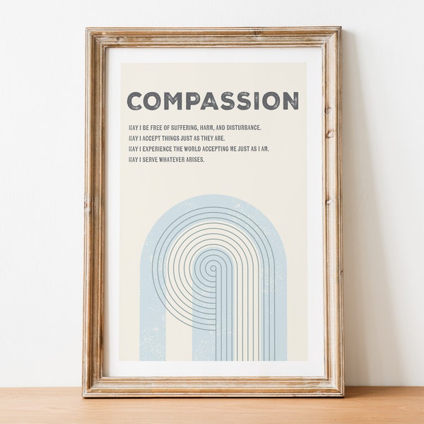 COMPASSION Wall Art Print, Mindfulness Meditation Prayer Practice, Retro Vintage Mid-Century Design with Geometric Shapes, Unframed