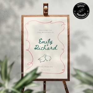 WELCOME SIGN template | colorful, whimsical, funky, hand drawn, scribbled illustrated signage | handwritten wedding | pink green | 019