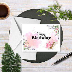 Cartão de feliz aniversário, download digital, cartão para impressão, feliz aniversário para ela, cartão de feliz aniversário com flores, cartão de aniversário para esposa