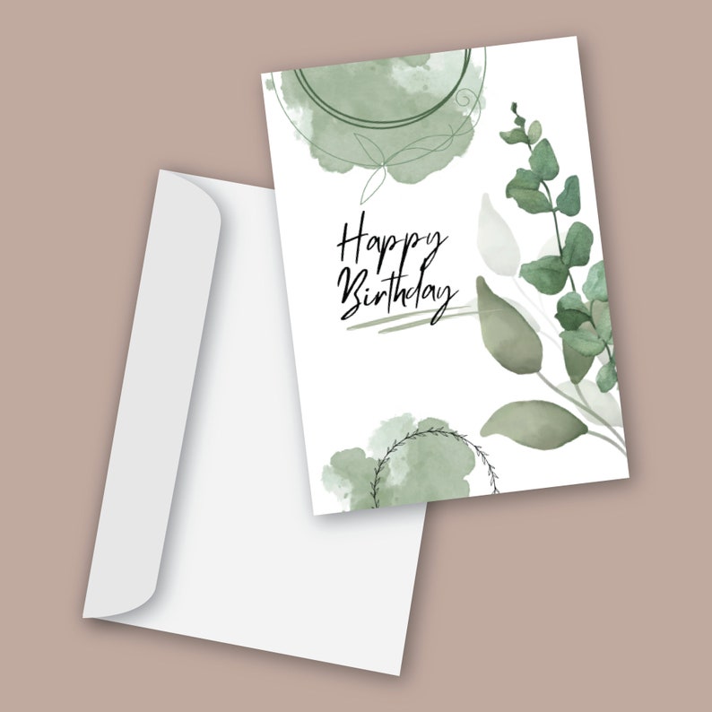 Happy Birthday Card, Printable Card, Birthday Card, Digital Download, Green Birthday Card, Garden Style Birthday Card image 3