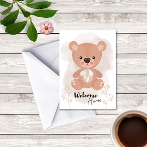 Cartão de boas-vindas para casa, download digital, cartão de boas-vindas, cartão para impressão, download de cartão de boas-vindas para bebês, urso de boas-vindas para bebês, cartão de comemoração