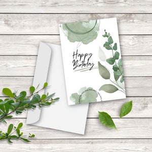 Cartão de feliz aniversário, cartão para impressão, cartão de aniversário, download digital, cartão de aniversário verde, cartão de aniversário estilo jardim