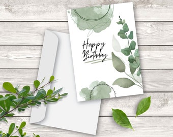 Happy Birthday Card, Printable Card, Birthday Card, Digital Download, Green Birthday Card, Garden Style Birthday Card