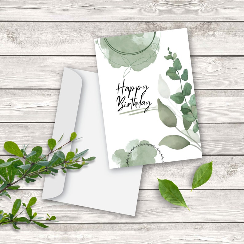 Happy Birthday Card, Printable Card, Birthday Card, Digital Download, Green Birthday Card, Garden Style Birthday Card image 1