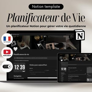 Könnte beinhalten: Eine Notion-Vorlage für einen Lebensplaner im Dunkelmodus mit dem Text "Planificateur de Vie" und "Un planificateur Notion pour gérer votre vie quotidienne". Die Vorlage enthält einen Kalender, eine To-Do-Liste und eine Uhr. Die Vorlage soll Benutzern helfen, ihr tägliches Leben zu verwalten.