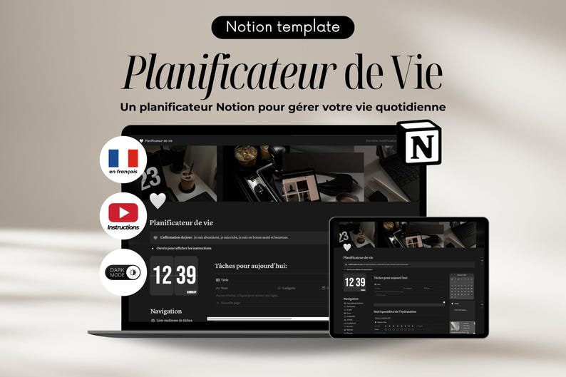 Pode incluir: Um modelo Notion em modo escuro para um planejador de vida, com o texto "Planificateur de Vie" e "Un planificateur Notion pour g&eacute;rer votre vie quotidienne". O modelo inclui um calend&aacute;rio, uma lista de tarefas e um rel&oacute;gio. O modelo foi projetado para ajudar os usu&aacute;rios a gerenciar suas vidas di&aacute;rias.