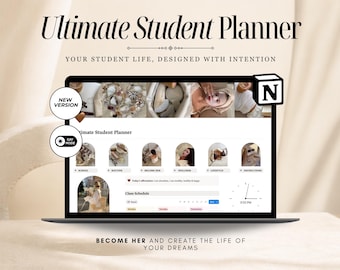 May include: A laptop screen displaying the Ultimate Student Planner Notion template. The interface features arched image thumbnails, a class schedule, a clock, and navigation buttons labeled School, Budgeting, Wellness, and Lifestyle.