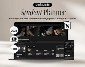 Modello di pianificatore per studenti Notion Modalità scura, estetica del pianificatore Notion, pianificatore di vita Notion definitivo Tutto in uno Pianificatore digitale accademico Notion