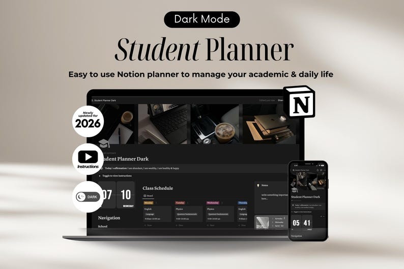 May include: A laptop and a smartphone displaying a dark mode Notion student planner with the text "Student Planner Dark" and "Class Schedule". The planner includes a calendar, a to-do list, and a class schedule. The laptop and smartphone are on a white surface.