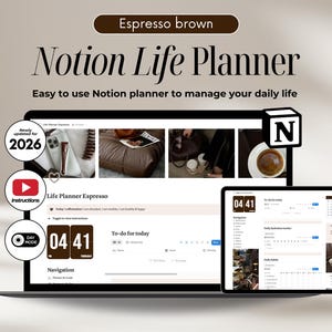 Può includere: Un Notion Life Planner digitale, color marrone espresso, visualizzato su laptop e tablet. L'interfaccia mostra un calendario, una lista di cose da fare e opzioni di navigazione. Il testo include "Notion Life Planner" e "Easy to use Notion planner to manage your daily life."