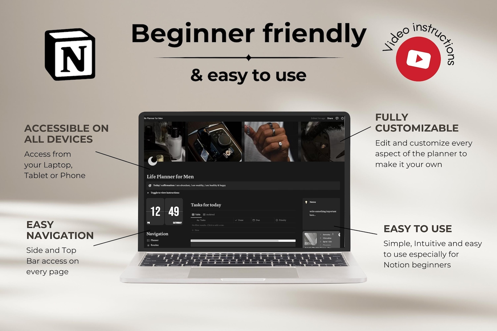 Notion Template for Men Notion Life Planner Dark Mode, All in One ...